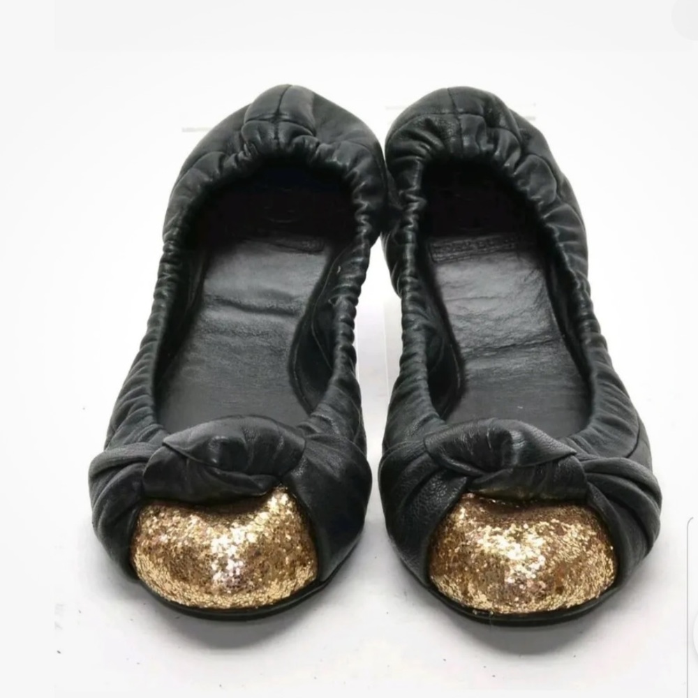 TORY BURCH “Katie” Black Leather Ballet Flats With Gold Glitter Toe Size 7 - Picture 2 of 10